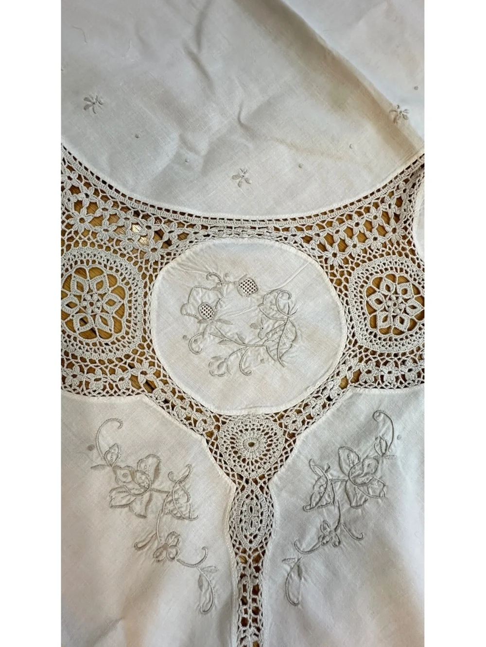 VTG MCM Cream Tablecloth & Taupe Embroidery Crocheted Accents 62x79 Cottagecore